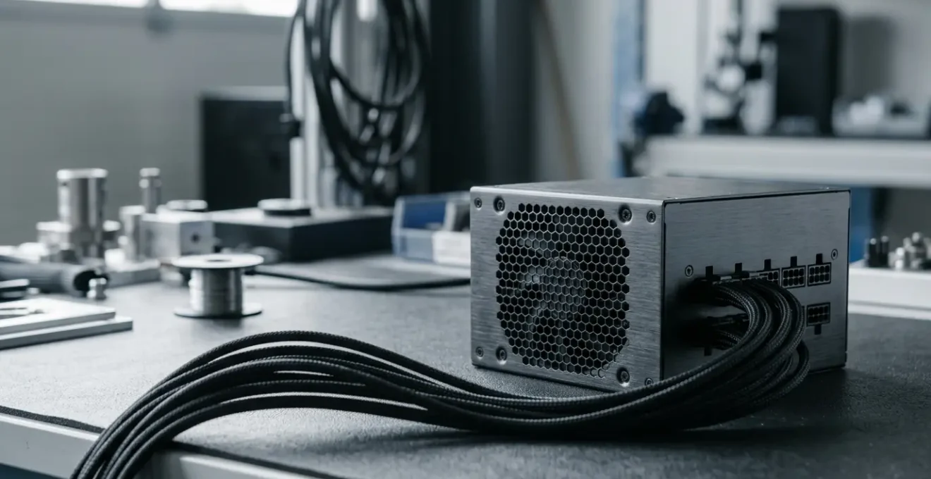 Alimentation PC 750W de qualité professionnelle avec certification 80 Plus et câbles modulaires dans un environnement technique épuré