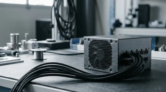 Alimentation PC 750W de qualité professionnelle avec certification 80 Plus et câbles modulaires dans un environnement technique épuré
