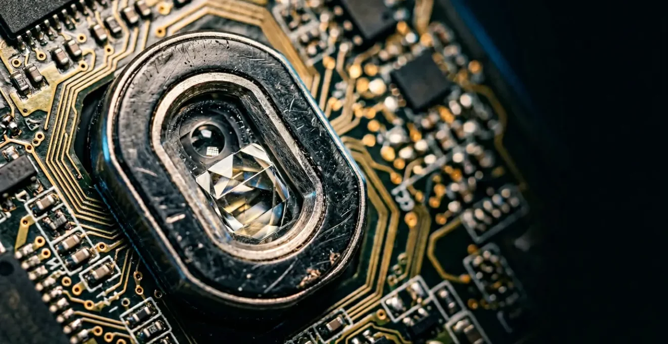 Vue macro d'un capteur optique de souris gaming moderne avec lentille et circuit imprime