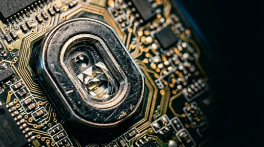 Vue macro d'un capteur optique de souris gaming moderne avec lentille et circuit imprime