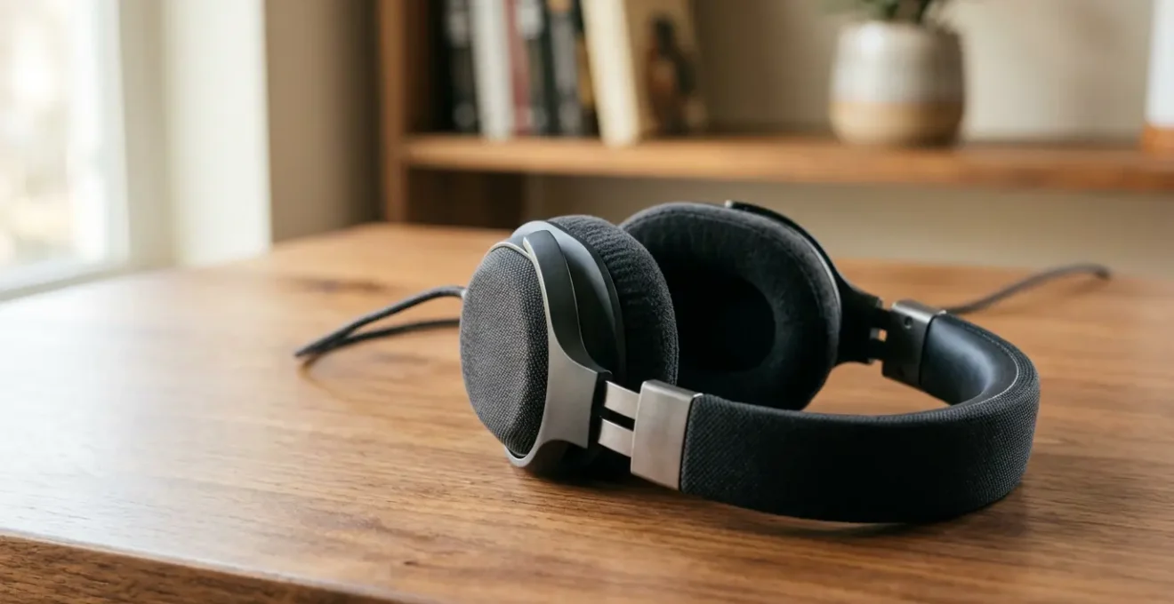 Casque gaming haute fidélité posé sur un bureau avec éclairage doux et coussinets épais en mousse