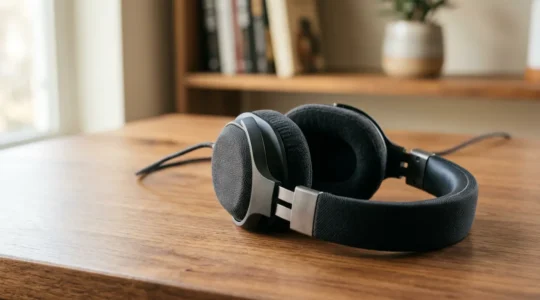Casque gaming haute fidélité posé sur un bureau avec éclairage doux et coussinets épais en mousse