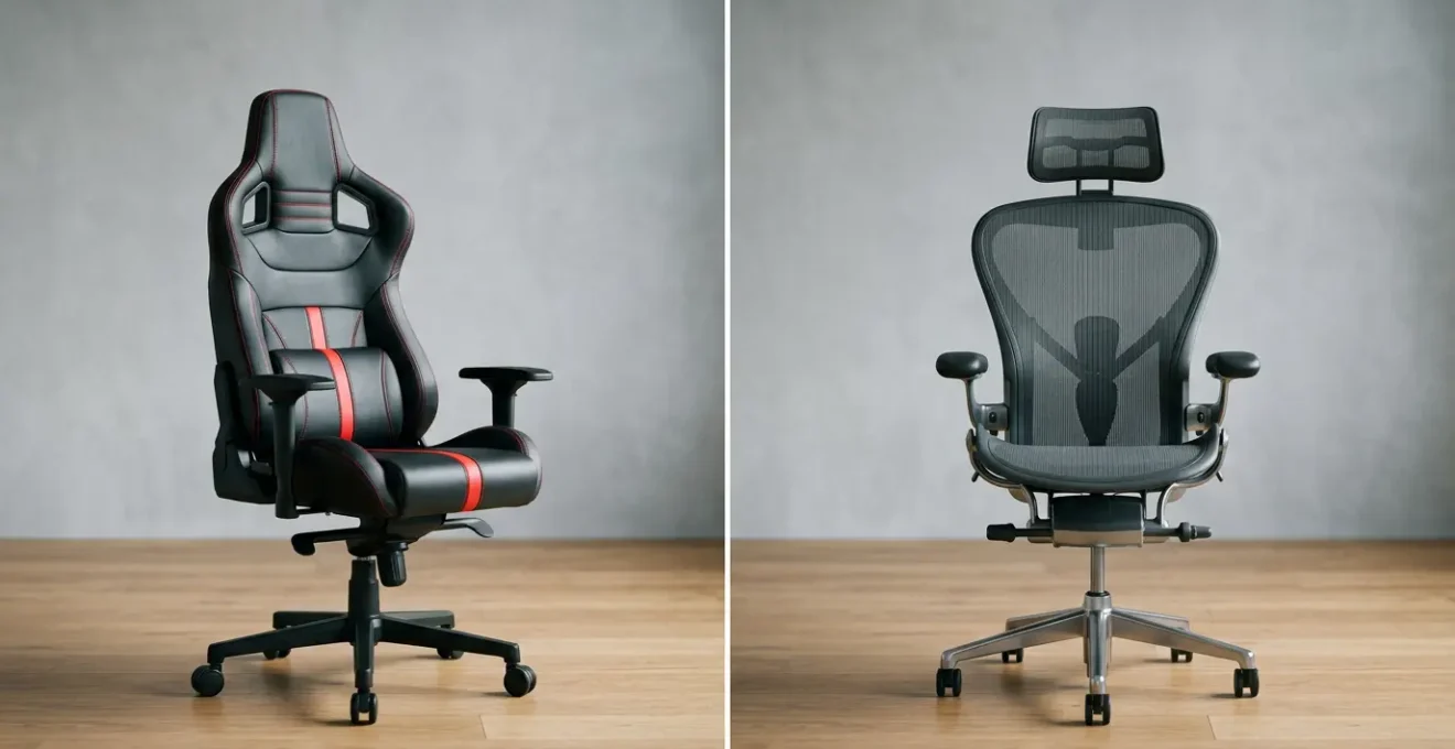 Comparaison entre une chaise gaming de style baquet et un fauteuil de bureau ergonomique professionnel dans un environnement de travail contemporain