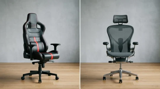 Comparaison entre une chaise gaming de style baquet et un fauteuil de bureau ergonomique professionnel dans un environnement de travail contemporain