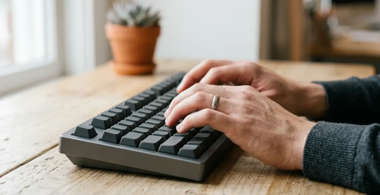 Mains tapant sur un clavier mécanique dans un environnement de bureau ergonomique