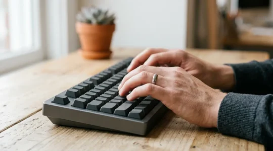 Mains tapant sur un clavier mécanique dans un environnement de bureau ergonomique