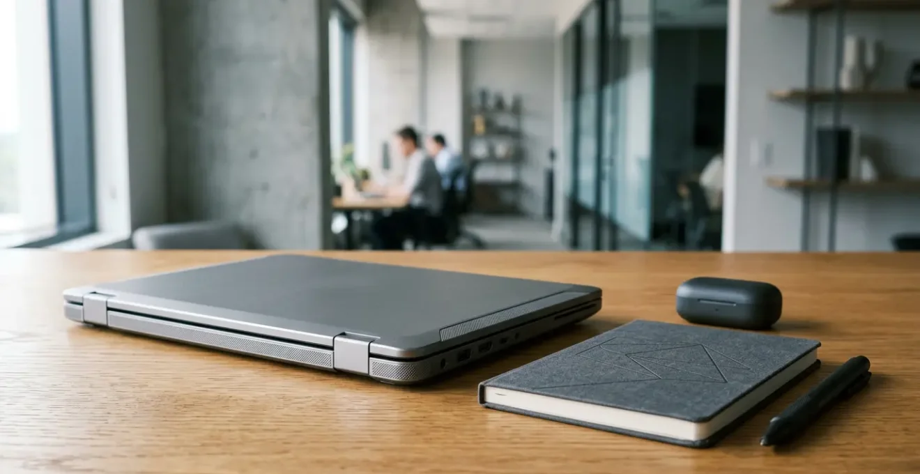 Professionnel commercial en déplacement avec son ordinateur portable robuste dans un environnement de travail moderne