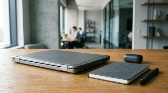 Professionnel commercial en déplacement avec son ordinateur portable robuste dans un environnement de travail moderne