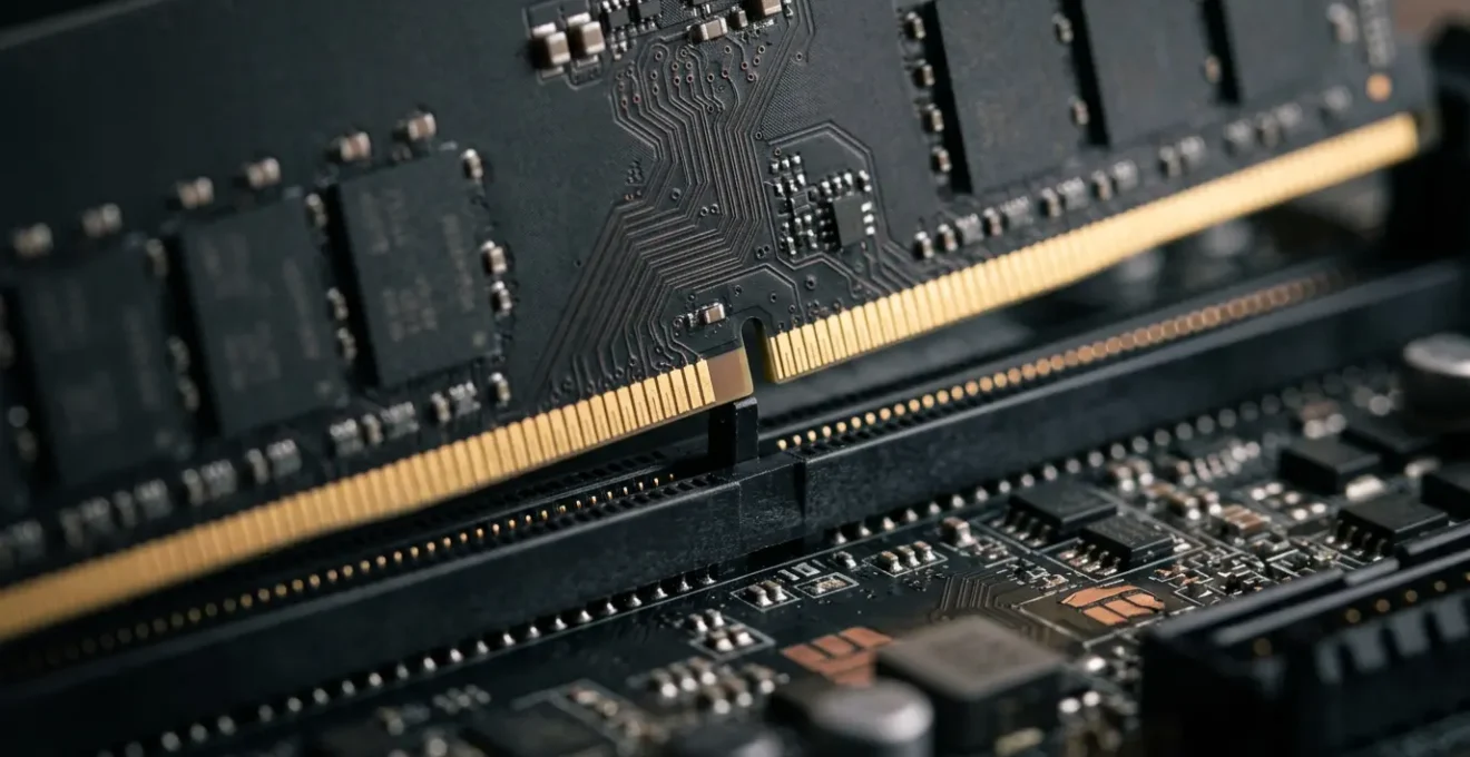 Barrette de mémoire RAM DDR5 à proximité d'une carte mère moderne, montrant le détrompeur de compatibilité