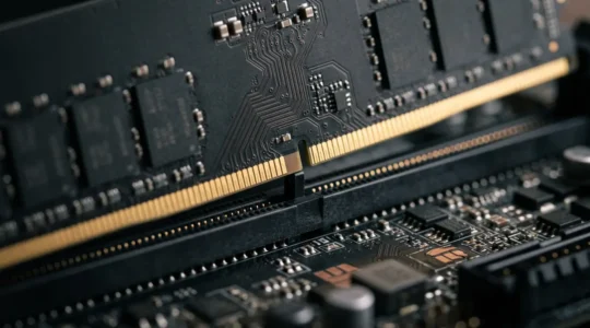 Barrette de mémoire RAM DDR5 à proximité d'une carte mère moderne, montrant le détrompeur de compatibilité