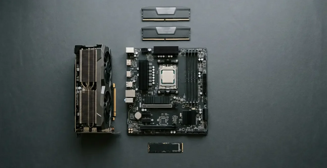 Composants PC pour montage vidéo organisés sur un espace de travail moderne