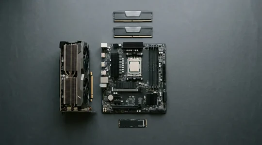 Composants PC pour montage vidéo organisés sur un espace de travail moderne