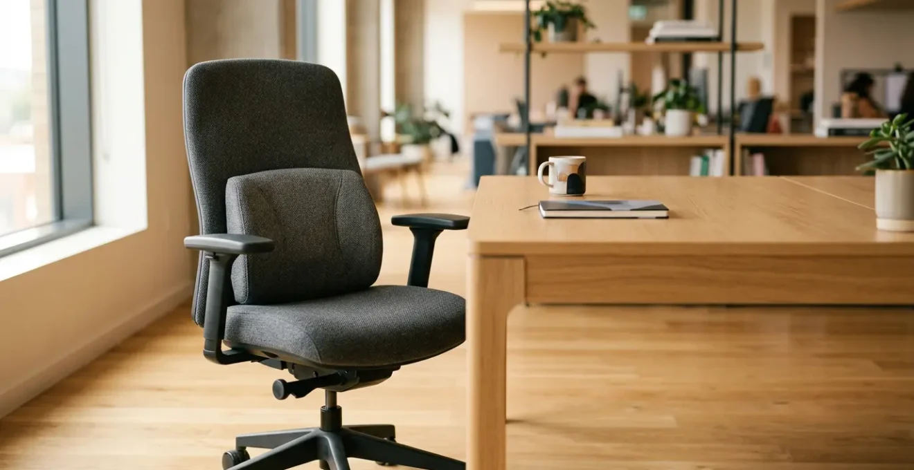 Support lombaire ergonomique sur chaise de bureau dans un environnement professionnel naturellement éclairé