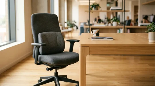Support lombaire ergonomique sur chaise de bureau dans un environnement professionnel naturellement éclairé