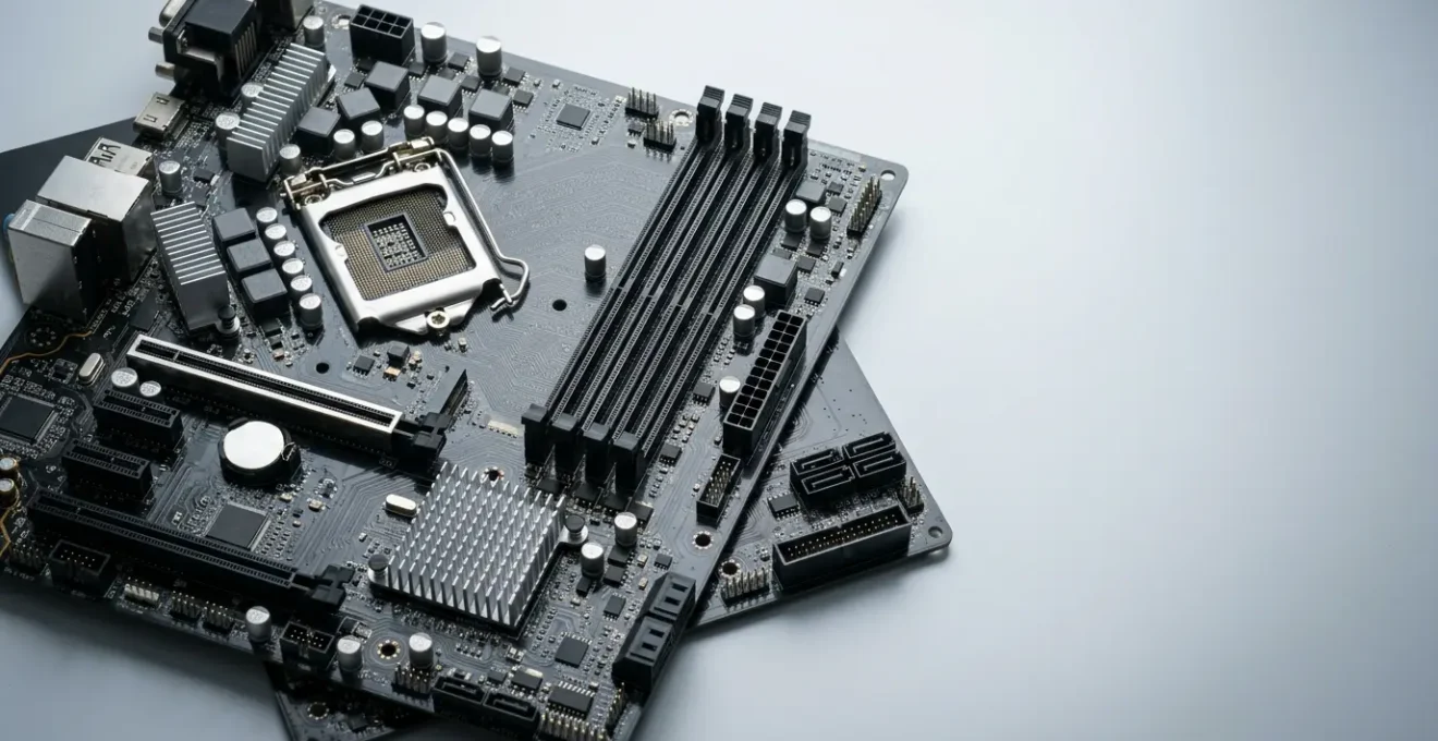 Vue professionnelle d'une carte mère d'ordinateur avec composants électroniques détaillés et diagnostic de panne