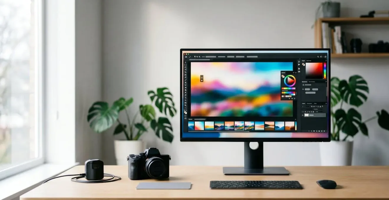 Bureau de photographe avec écran 4K professionnel affichant palette de couleurs, dans un environnement de travail minimaliste et éclairé naturellement