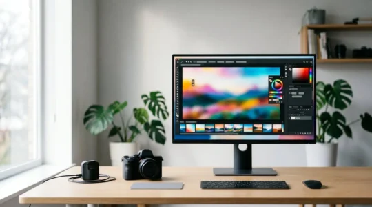 Bureau de photographe avec écran 4K professionnel affichant palette de couleurs, dans un environnement de travail minimaliste et éclairé naturellement