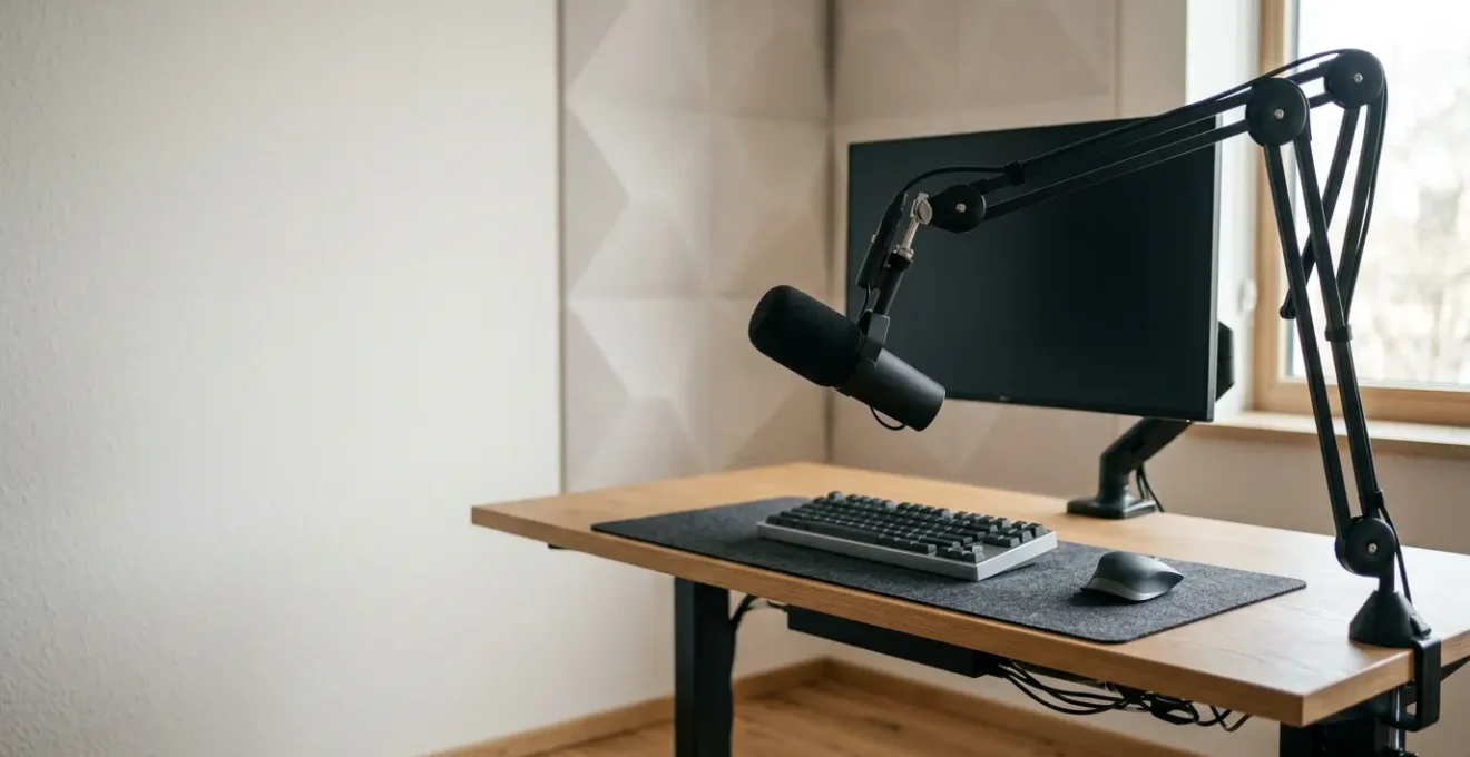 Configuration audio professionnelle pour streaming avec microphone et clavier mécanique dans un environnement silencieux