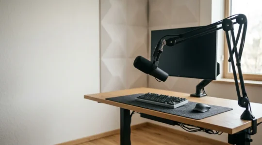 Configuration audio professionnelle pour streaming avec microphone et clavier mécanique dans un environnement silencieux