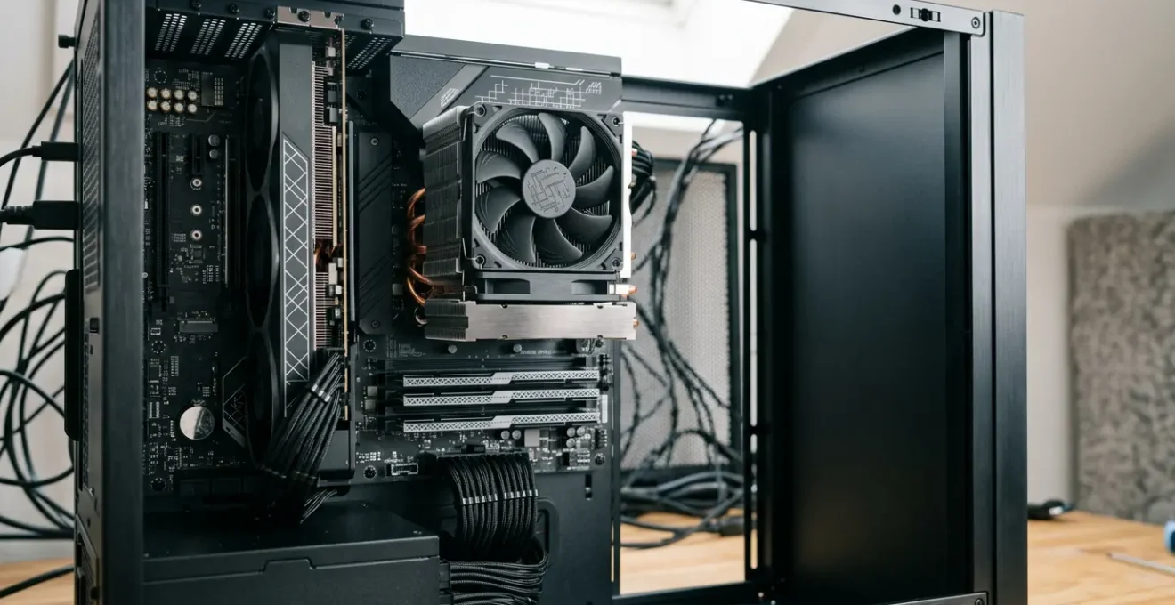 Vue détaillée de composants informatiques propres dans un boîtier PC moderne avec éclairage ambiant