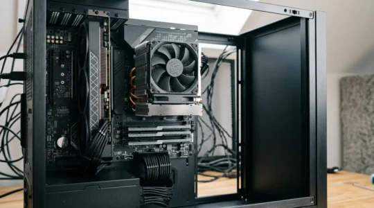 Vue détaillée de composants informatiques propres dans un boîtier PC moderne avec éclairage ambiant