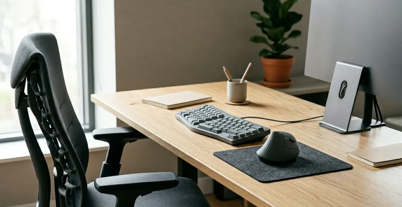 Poste de travail ergonomique avec souris verticale et aménagement optimal pour prévenir les troubles musculo-squelettiques