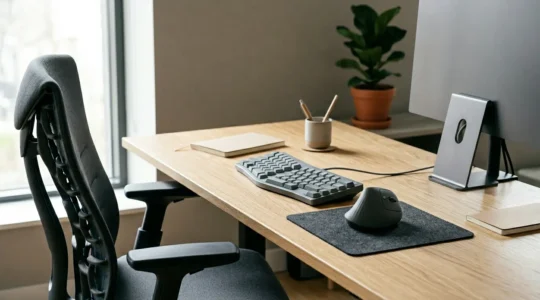 Poste de travail ergonomique avec souris verticale et aménagement optimal pour prévenir les troubles musculo-squelettiques