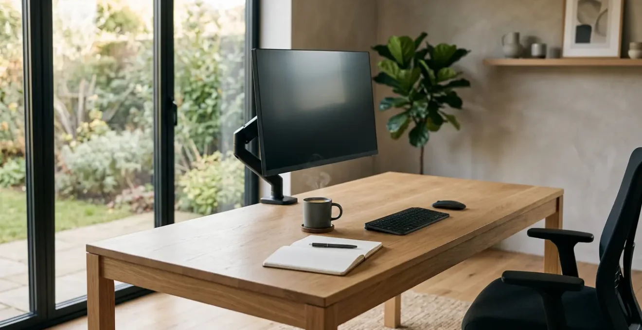 Vue ergonomique d'un poste de travail moderne avec éclairage naturel optimisé pour le confort visuel