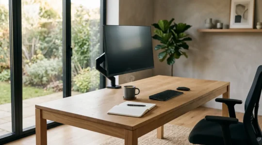Vue ergonomique d'un poste de travail moderne avec éclairage naturel optimisé pour le confort visuel