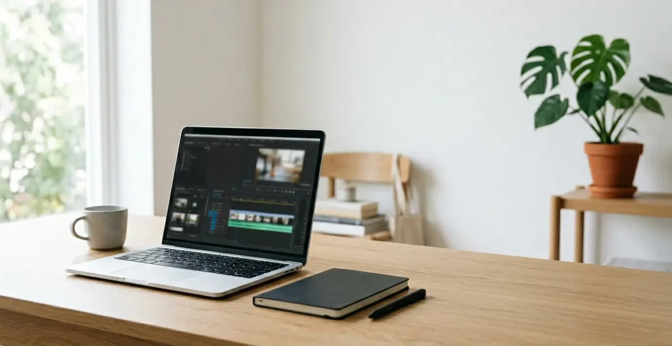 Étudiant travaillant sur un ordinateur portable moderne pour le montage vidéo dans un environnement minimaliste