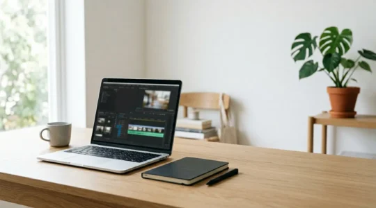 Étudiant travaillant sur un ordinateur portable moderne pour le montage vidéo dans un environnement minimaliste