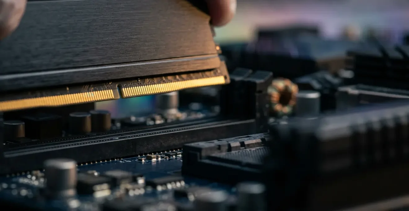 Installation minutieuse d'une barrette RAM dans un slot de carte mère moderne