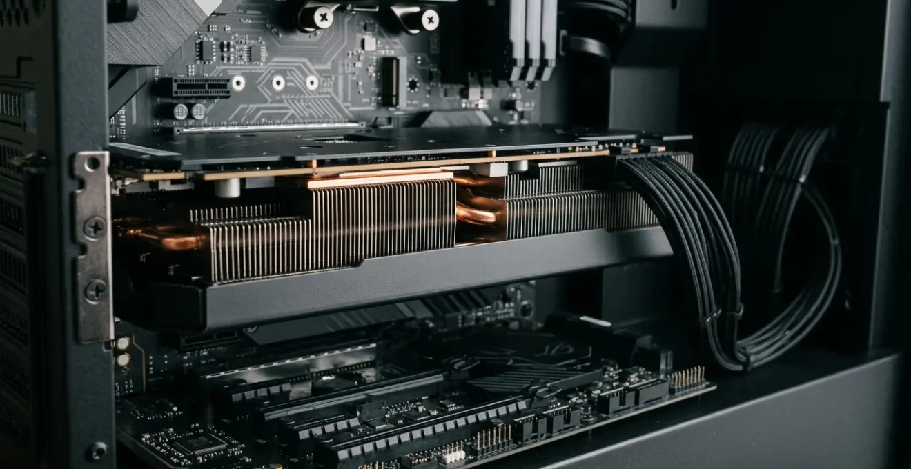 Carte graphique moderne avec dissipateur thermique visible installée sur une carte mère, éclairage naturel diffus créant des reflets métalliques sur les composants électroniques