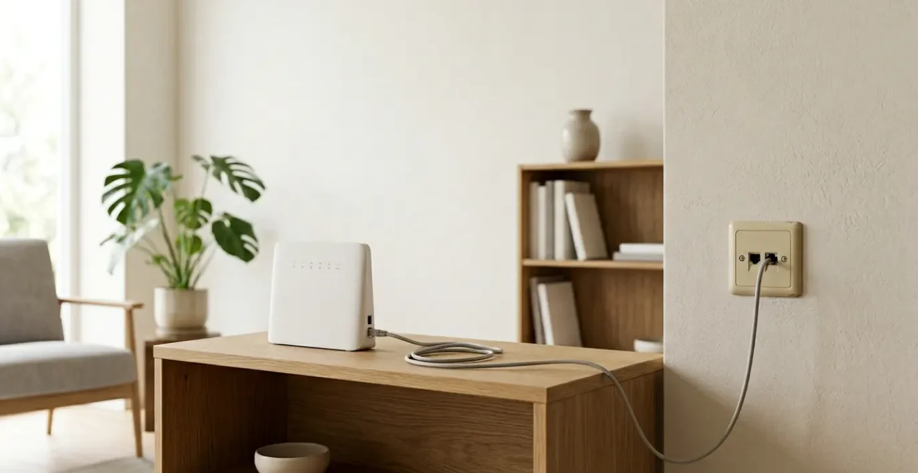 Routeur moderne connecté à une prise murale dans un intérieur domestique contemporain avec éclairage naturel doux