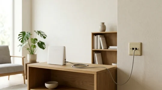 Routeur moderne connecté à une prise murale dans un intérieur domestique contemporain avec éclairage naturel doux