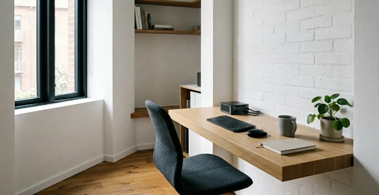 Espace de travail compact avec PC et bureau dans un petit appartement