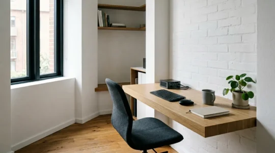Espace de travail compact avec PC et bureau dans un petit appartement