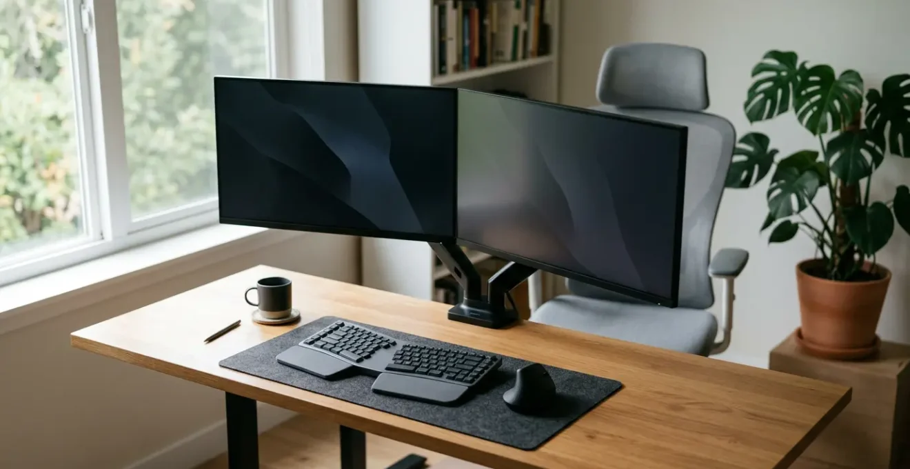 Configuration ergonomique de bureau avec périphériques PC optimisés pour réduire la fatigue