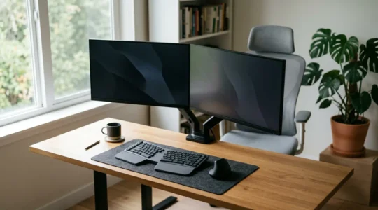 Configuration ergonomique de bureau avec périphériques PC optimisés pour réduire la fatigue