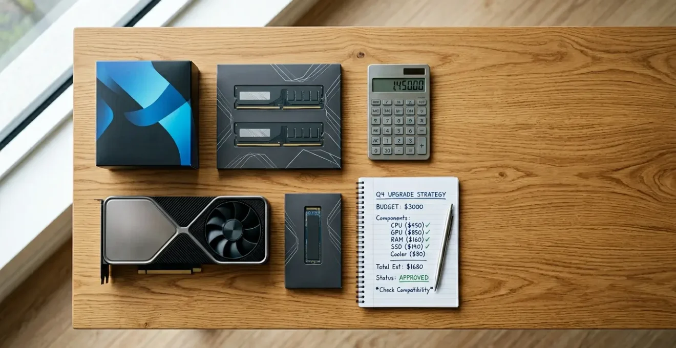 Configuration matérielle informatique avec composants disposes de maniere strategique illustrant la planification d'achat