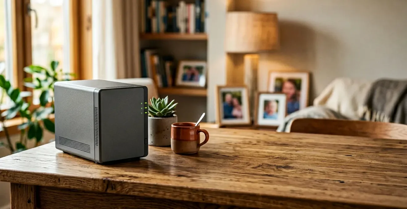 Dispositif de stockage numérique moderne protégeant des souvenirs photographiques familiaux avec système de sauvegarde sécurisé