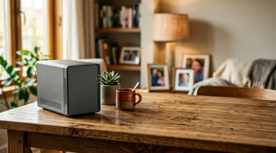 Dispositif de stockage numérique moderne protégeant des souvenirs photographiques familiaux avec système de sauvegarde sécurisé
