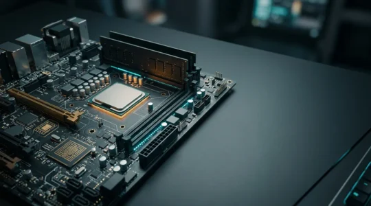 Composants informatiques et circuits électroniques avec effets de lumière représentant la sécurité numérique