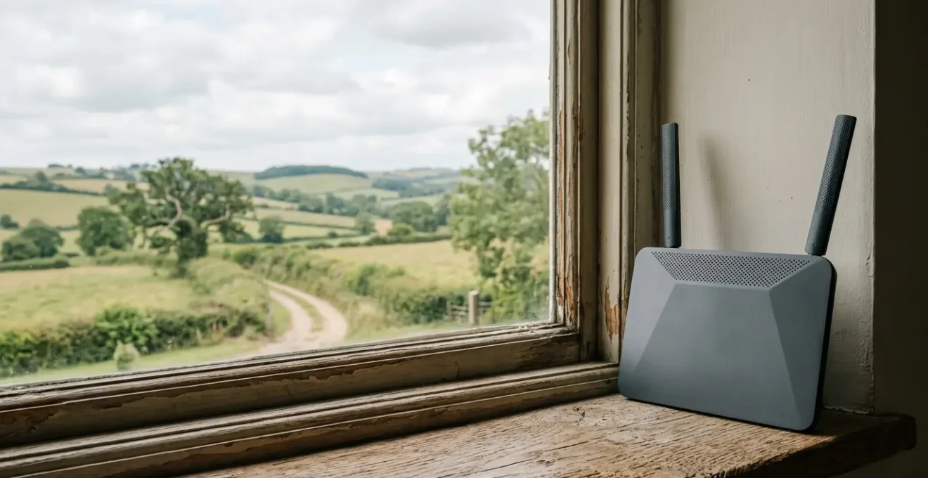 Installation d'un routeur 4G moderne dans un environnement rural pour optimiser la réception du signal mobile