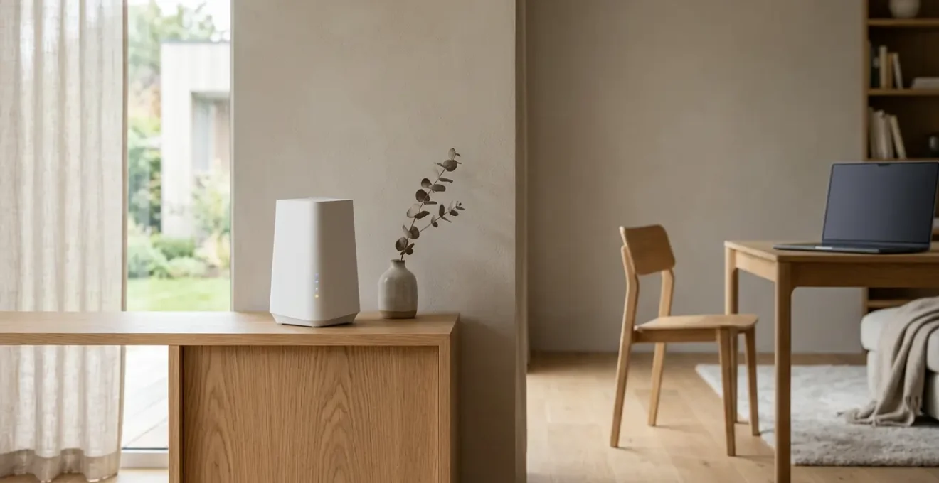 Routeur WiFi moderne avec indicateurs lumineux dans un intérieur connecté illustrant les limitations de débit sans fil