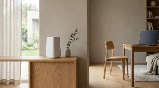 Routeur WiFi moderne avec indicateurs lumineux dans un intérieur connecté illustrant les limitations de débit sans fil