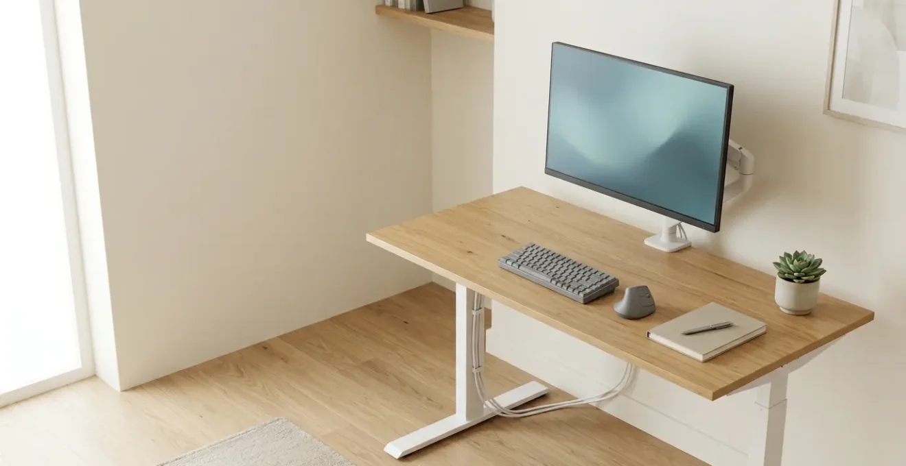 Espace de travail moderne et ergonomique avec bureau réglable, écran professionnel et accessoires organisés