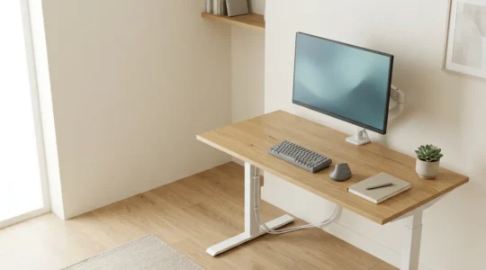 Espace de travail moderne et ergonomique avec bureau réglable, écran professionnel et accessoires organisés