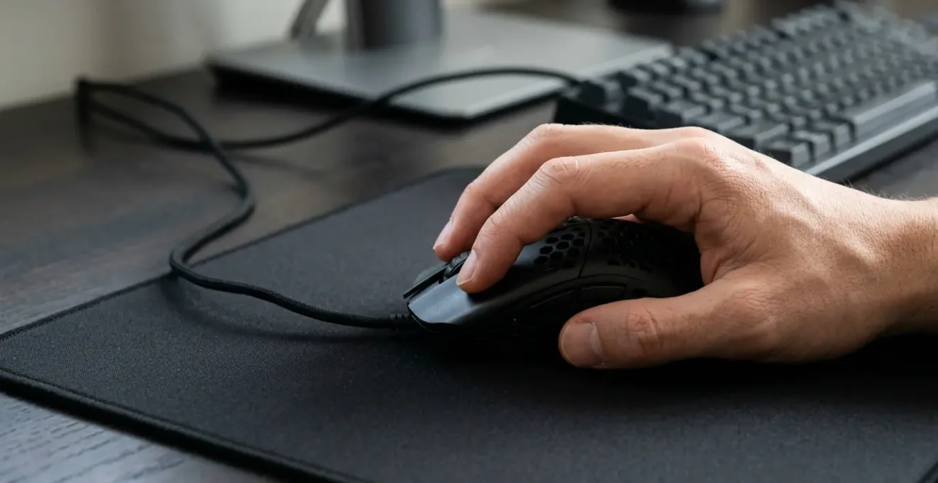 Main en position claw grip sur une souris gaming légère sur un bureau minimaliste avec tapis de souris