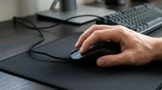 Main en position claw grip sur une souris gaming légère sur un bureau minimaliste avec tapis de souris